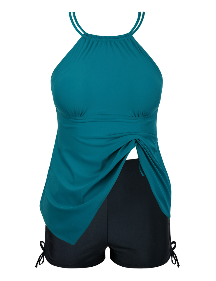 Firpearl Plus Size Tankini Swimsuits for Women Flowy High Neck Bathing Suit Top with Shorts Cross Back 2 Piece Swimwear