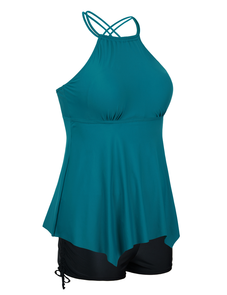 Firpearl Plus Size Tankini Swimsuits for Women Flowy High Neck Bathing Suit Top with Shorts Cross Back 2 Piece Swimwear