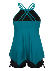 Firpearl Plus Size Tankini Swimsuits for Women Flowy High Neck Bathing Suit Top with Shorts Cross Back 2 Piece Swimwear