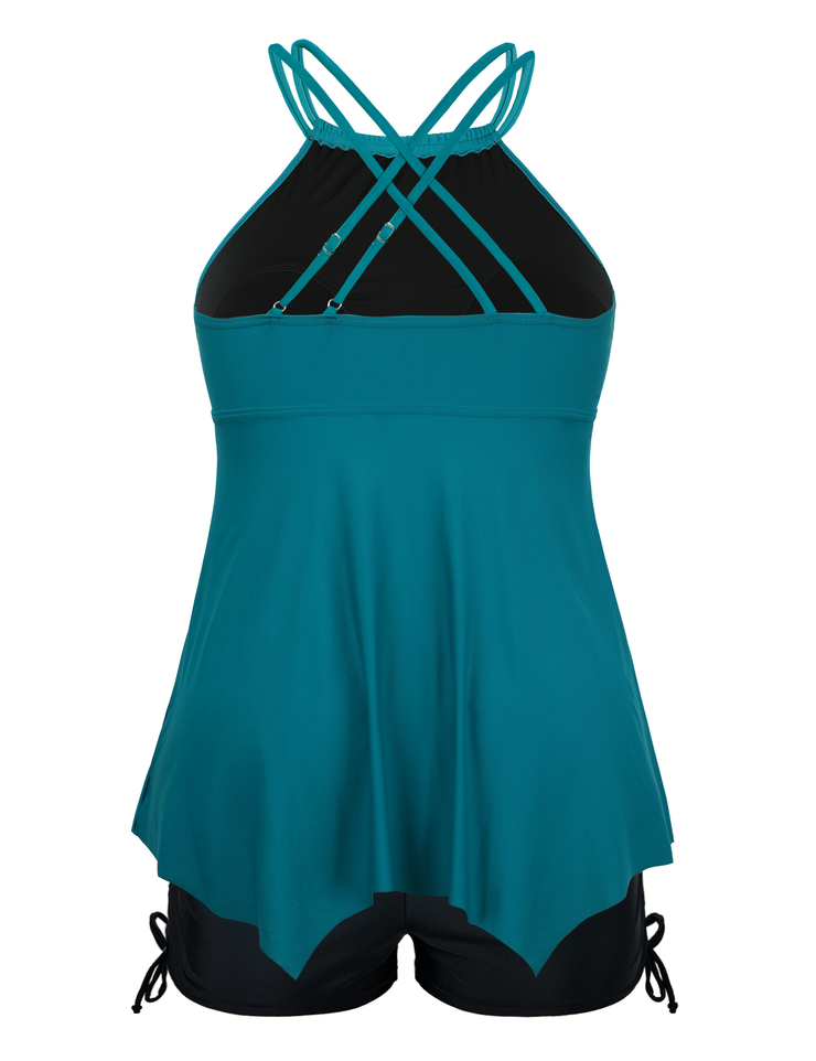 Firpearl Plus Size Tankini Swimsuits for Women Flowy High Neck Bathing Suit Top with Shorts Cross Back 2 Piece Swimwear