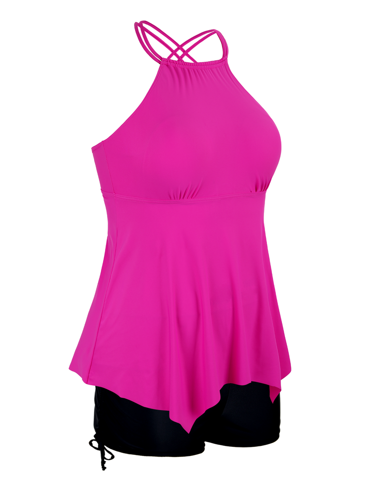 Firpearl Plus Size Tankini Swimsuits for Women Flowy High Neck Bathing Suit Top with Shorts Cross Back 2 Piece Swimwear