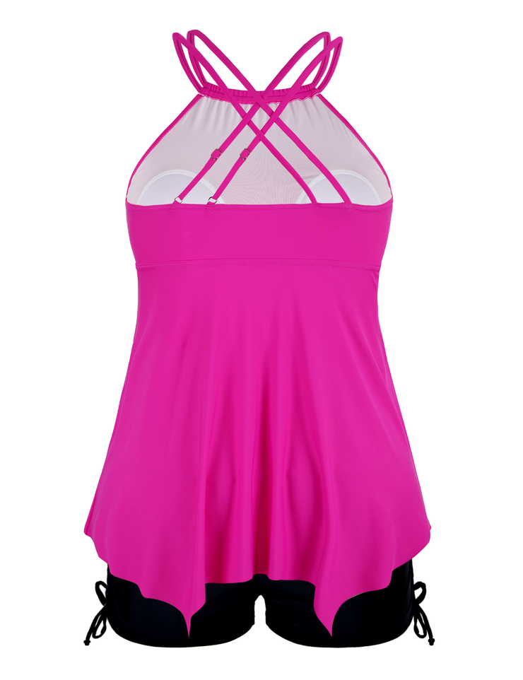 Firpearl Plus Size Tankini Swimsuits for Women Flowy High Neck Bathing Suit Top with Shorts Cross Back 2 Piece Swimwear