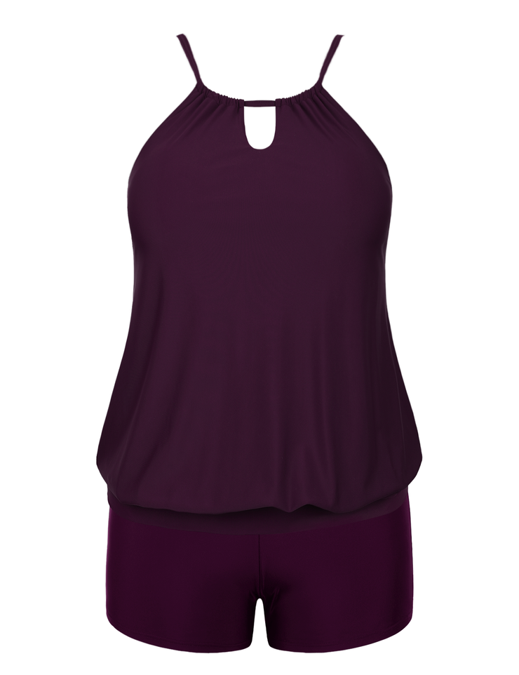 Firpearl Modest Blouson Tankini Swimsuits for Women Keyhole High Neck Two Piece Bathing Suits with Shorts Plus Size Swimwear
