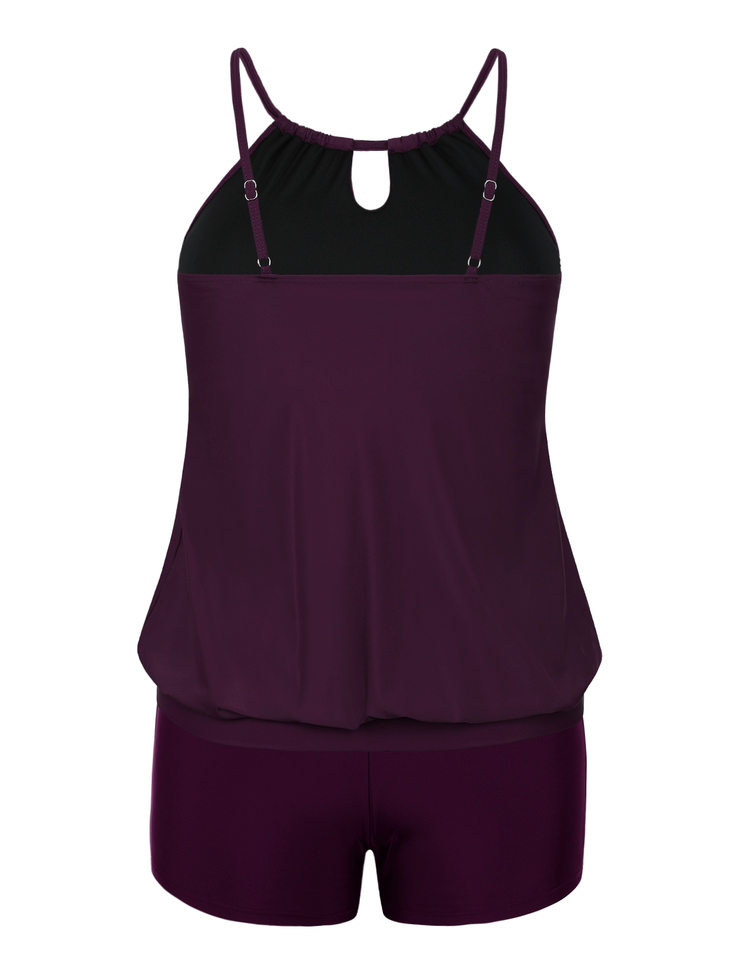 Firpearl Modest Blouson Tankini Swimsuits for Women Keyhole High Neck Two Piece Bathing Suits with Shorts Plus Size Swimwear