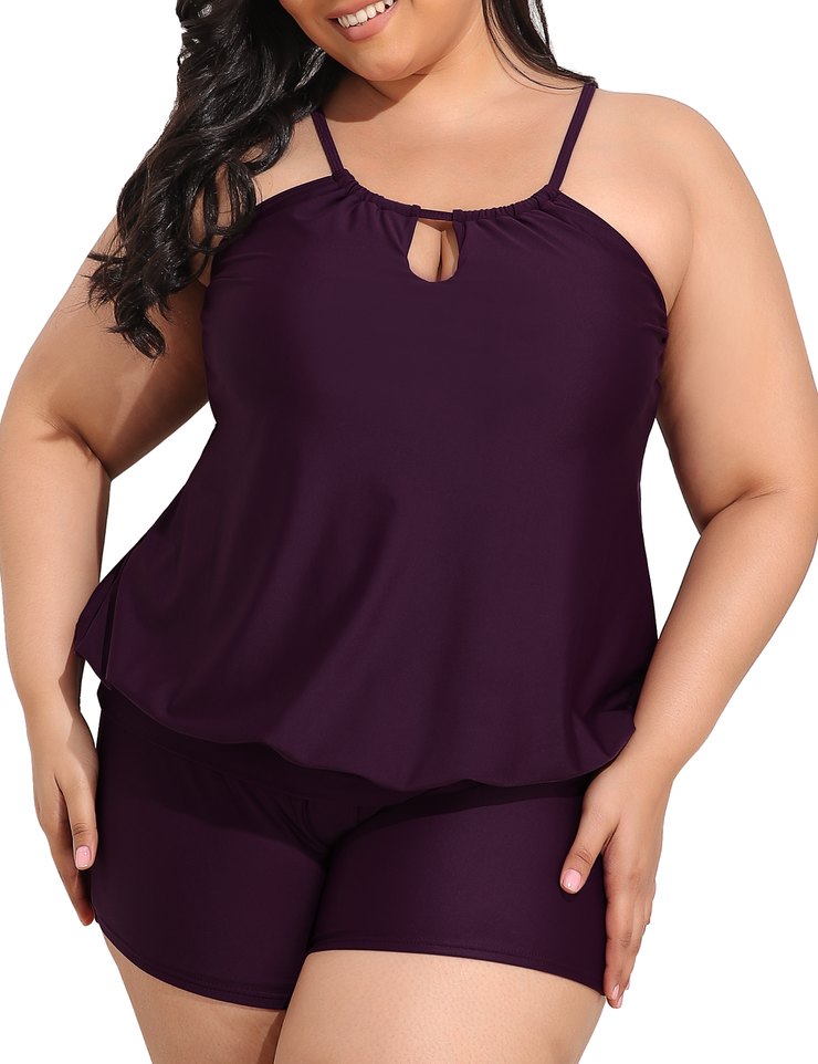Firpearl Modest Blouson Tankini Swimsuits for Women Keyhole High Neck Two Piece Bathing Suits with Shorts Plus Size Swimwear