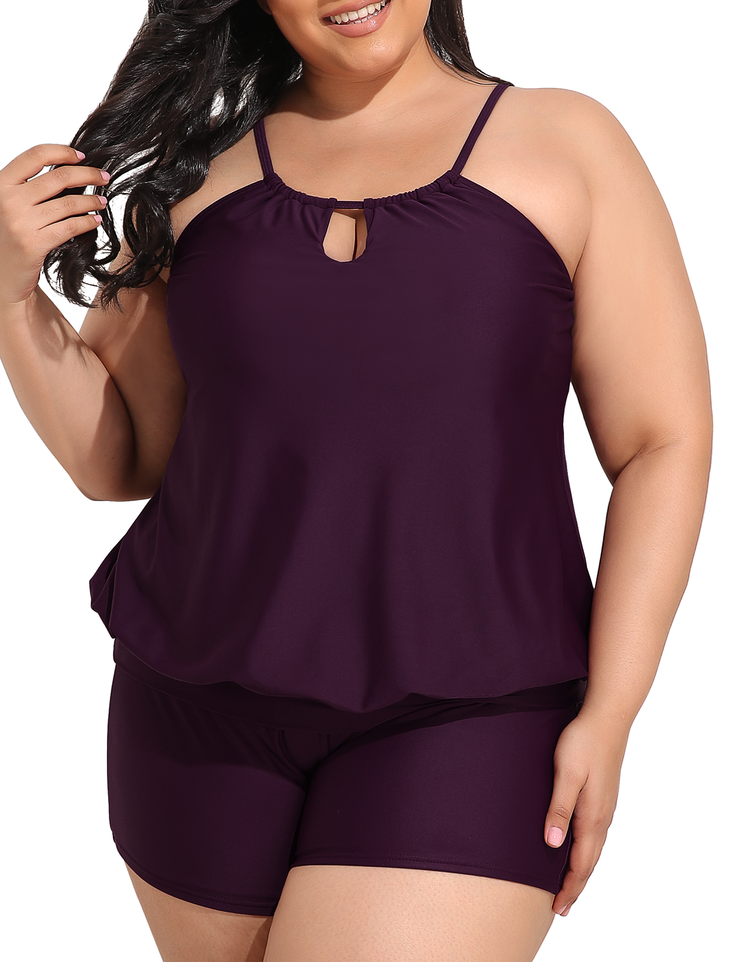 Firpearl Modest Blouson Tankini Swimsuits for Women Keyhole High Neck Two Piece Bathing Suits with Shorts Plus Size Swimwear