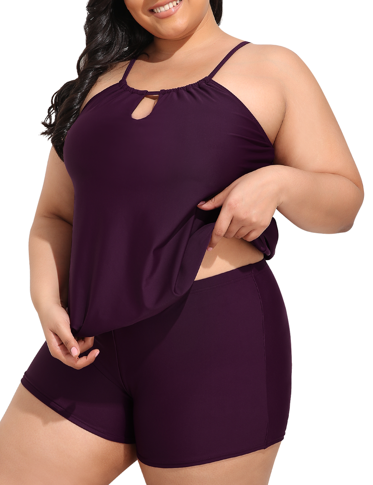 Firpearl Modest Blouson Tankini Swimsuits for Women Keyhole High Neck Two Piece Bathing Suits with Shorts Plus Size Swimwear