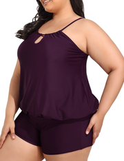 Firpearl Modest Blouson Tankini Swimsuits for Women Keyhole High Neck Two Piece Bathing Suits with Shorts Plus Size Swimwear