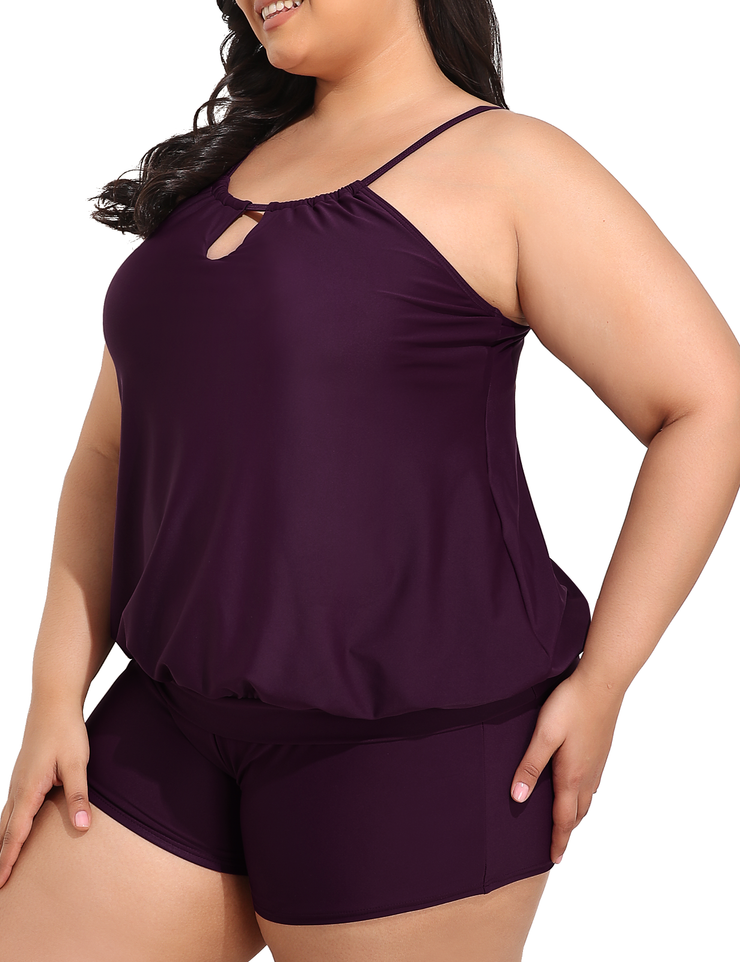 Firpearl Modest Blouson Tankini Swimsuits for Women Keyhole High Neck Two Piece Bathing Suits with Shorts Plus Size Swimwear