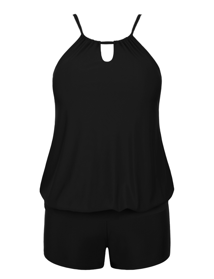 Firpearl Modest Blouson Tankini Swimsuits for Women Keyhole High Neck Two Piece Bathing Suits with Shorts Plus Size Swimwear