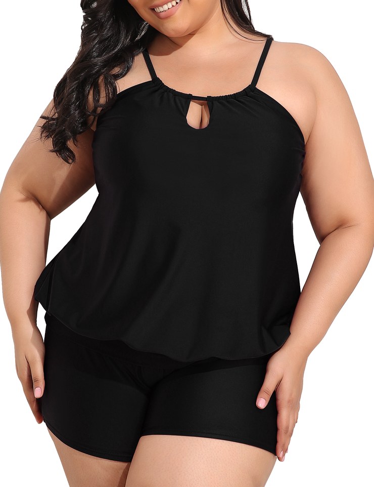 Firpearl Modest Blouson Tankini Swimsuits for Women Keyhole High Neck Two Piece Bathing Suits with Shorts Plus Size Swimwear