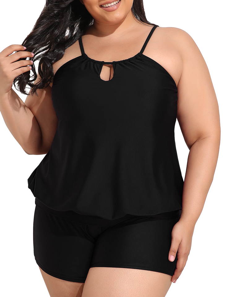 Firpearl Modest Blouson Tankini Swimsuits for Women Keyhole High Neck Two Piece Bathing Suits with Shorts Plus Size Swimwear