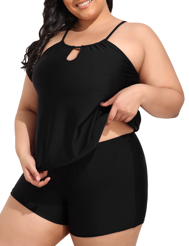 Firpearl Modest Blouson Tankini Swimsuits for Women Keyhole High Neck Two Piece Bathing Suits with Shorts Plus Size Swimwear