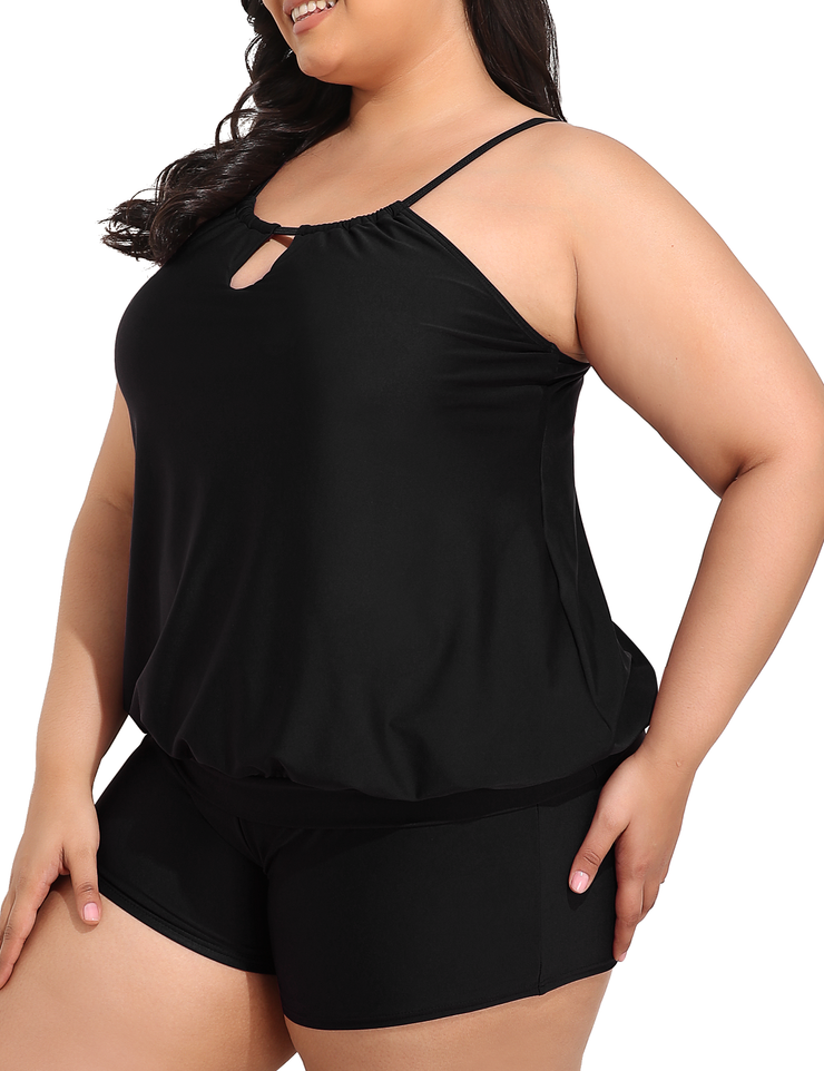 Firpearl Modest Blouson Tankini Swimsuits for Women Keyhole High Neck Two Piece Bathing Suits with Shorts Plus Size Swimwear