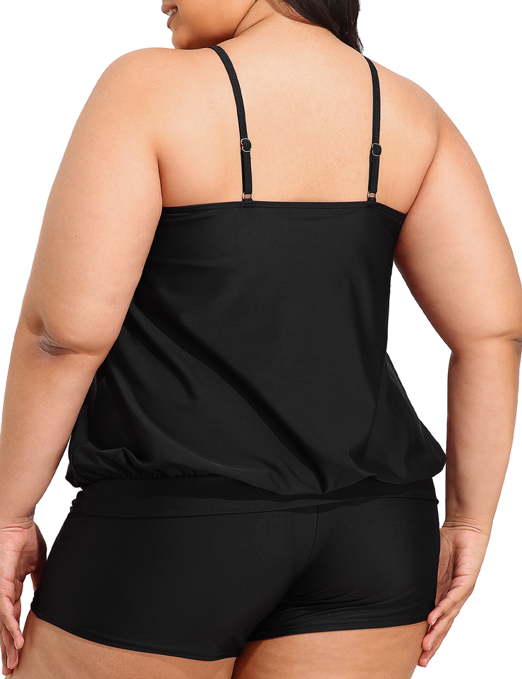 Firpearl Modest Blouson Tankini Swimsuits for Women Keyhole High Neck Two Piece Bathing Suits with Shorts Plus Size Swimwear