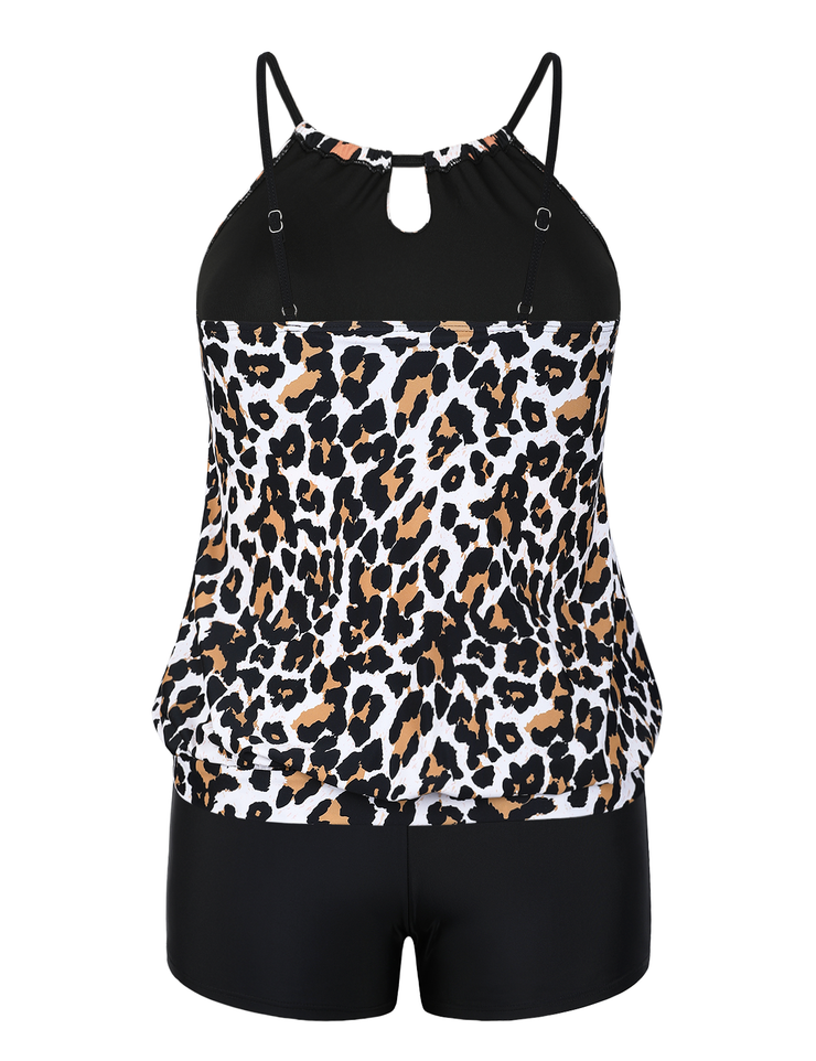 Firpearl Modest Blouson Tankini Swimsuits for Women Keyhole High Neck Two Piece Bathing Suits with Shorts Plus Size Swimwear