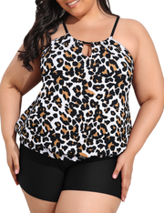 Firpearl Modest Blouson Tankini Swimsuits for Women Keyhole High Neck Two Piece Bathing Suits with Shorts Plus Size Swimwear
