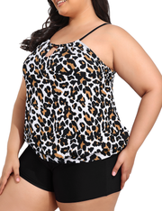 Firpearl Modest Blouson Tankini Swimsuits for Women Keyhole High Neck Two Piece Bathing Suits with Shorts Plus Size Swimwear
