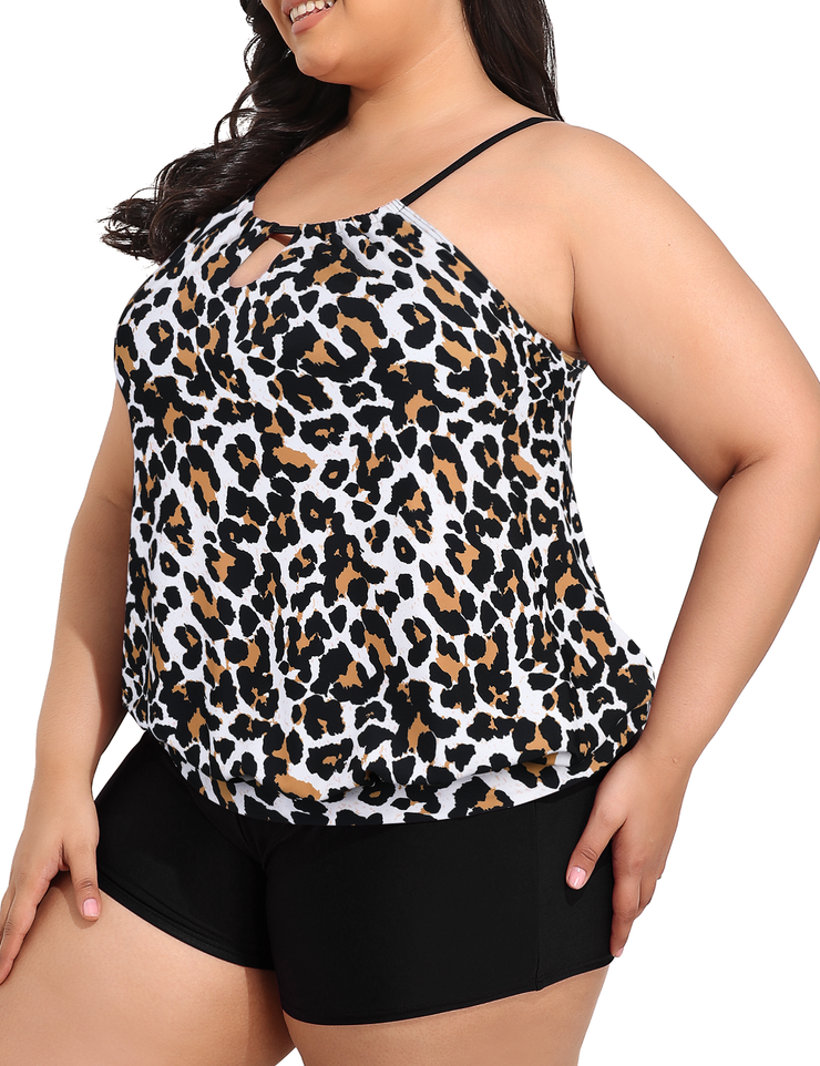 Firpearl Modest Blouson Tankini Swimsuits for Women Keyhole High Neck Two Piece Bathing Suits with Shorts Plus Size Swimwear