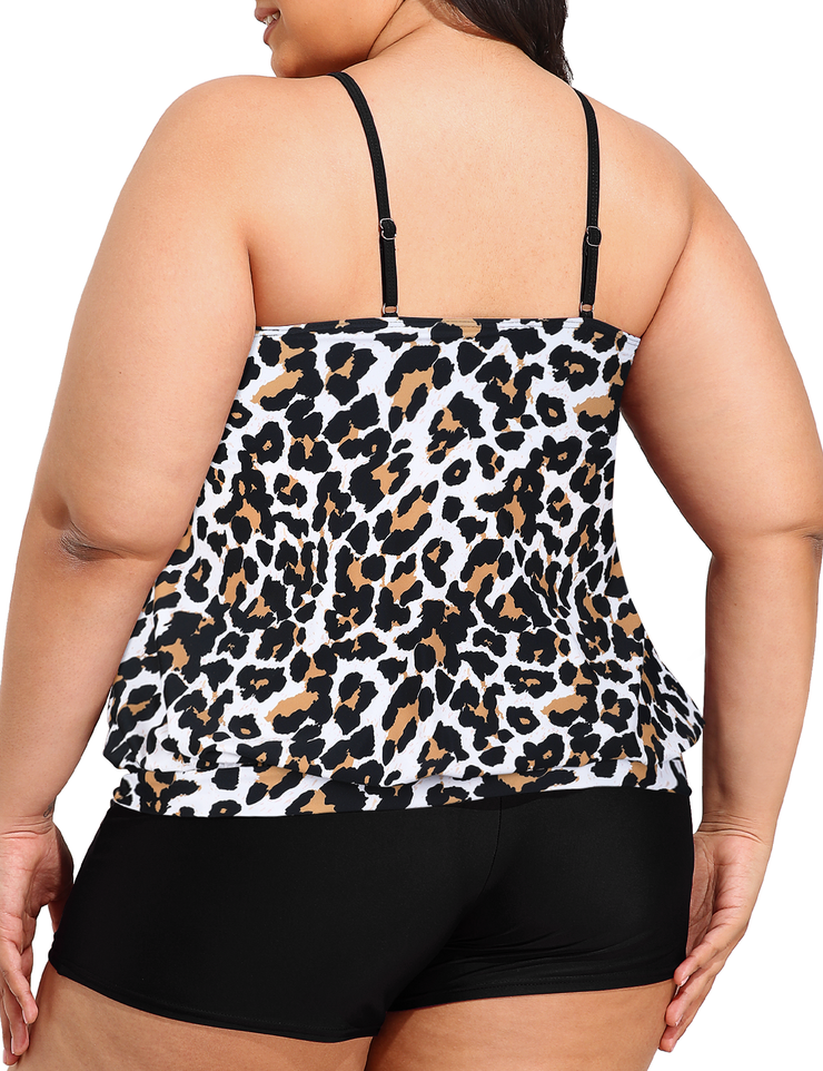 Firpearl Modest Blouson Tankini Swimsuits for Women Keyhole High Neck Two Piece Bathing Suits with Shorts Plus Size Swimwear