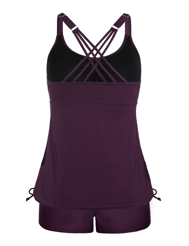 Firpearl Womens Tankini Swimsuits with Shorts Strappy Back Two Piece Bathing Suit Drawstring Tummy Control Swimwear