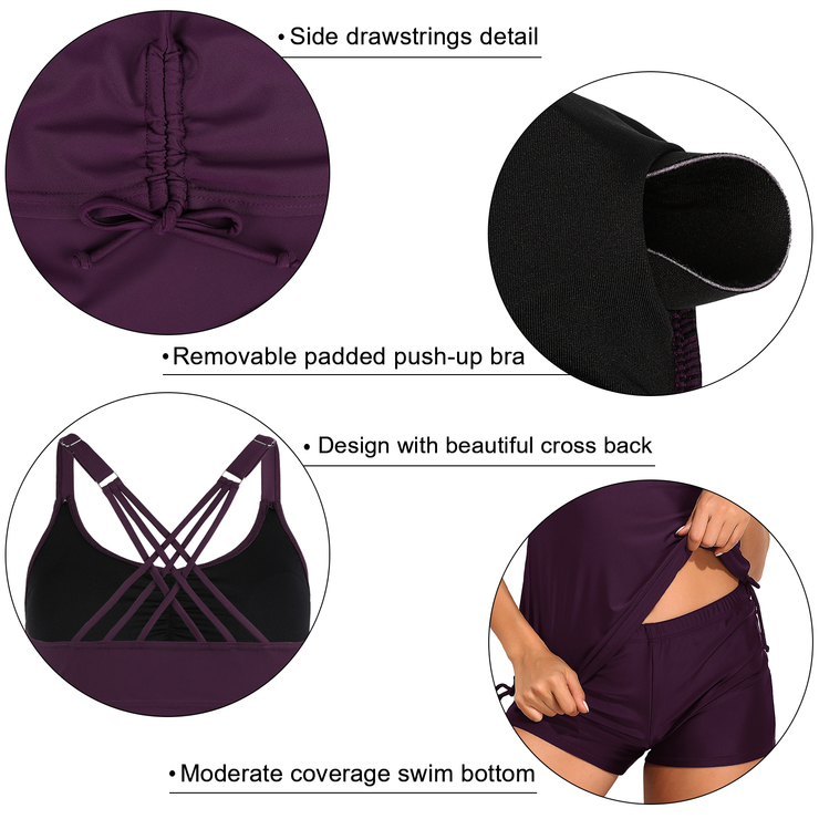 Firpearl Womens Tankini Swimsuits with Shorts Strappy Back Two Piece Bathing Suit Drawstring Tummy Control Swimwear