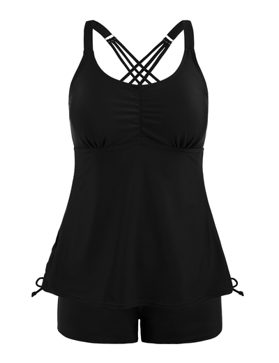Firpearl Womens Tankini Swimsuits with Shorts Strappy Back Two Piece Bathing Suit Drawstring Tummy Control Swimwear