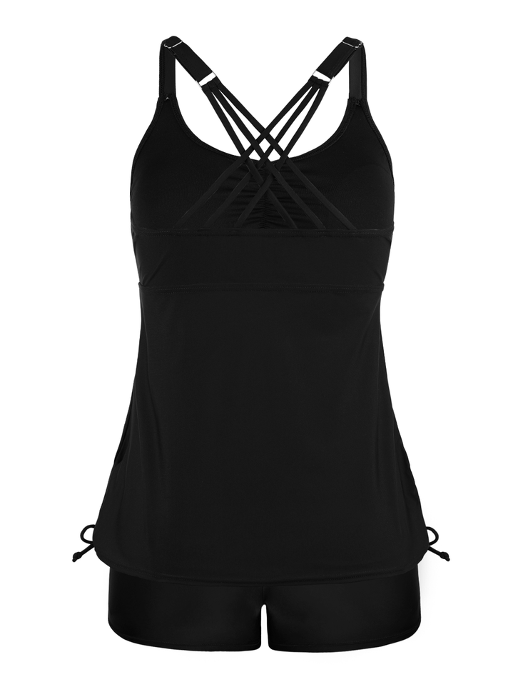 Firpearl Womens Tankini Swimsuits with Shorts Strappy Back Two Piece Bathing Suit Drawstring Tummy Control Swimwear