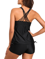 Firpearl Womens Tankini Swimsuits with Shorts Strappy Back Two Piece Bathing Suit Drawstring Tummy Control Swimwear