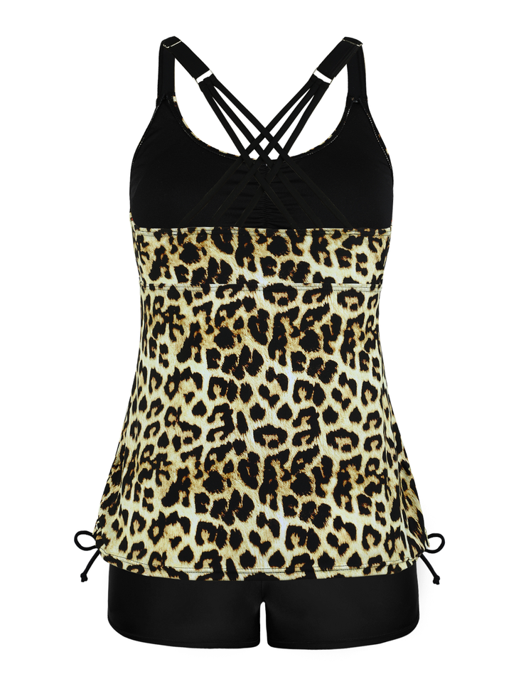 Firpearl Womens Tankini Swimsuits with Shorts Strappy Back Two Piece Bathing Suit Drawstring Tummy Control Swimwear