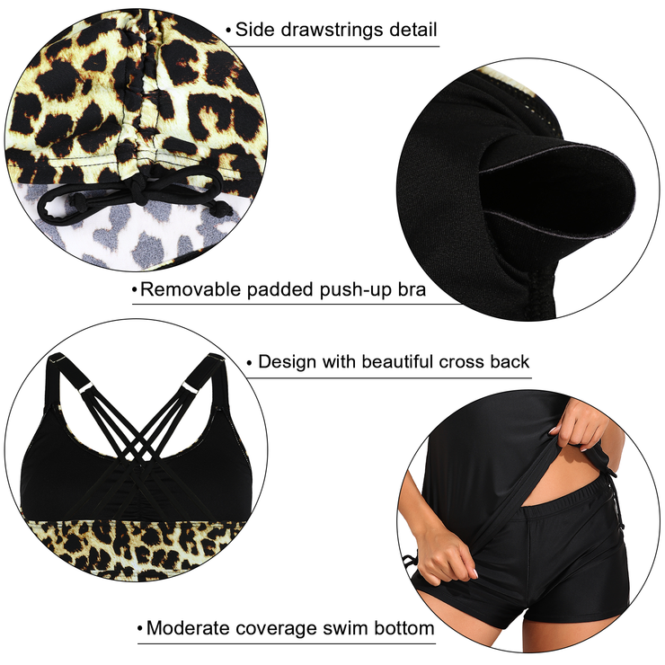 Firpearl Womens Tankini Swimsuits with Shorts Strappy Back Two Piece Bathing Suit Drawstring Tummy Control Swimwear