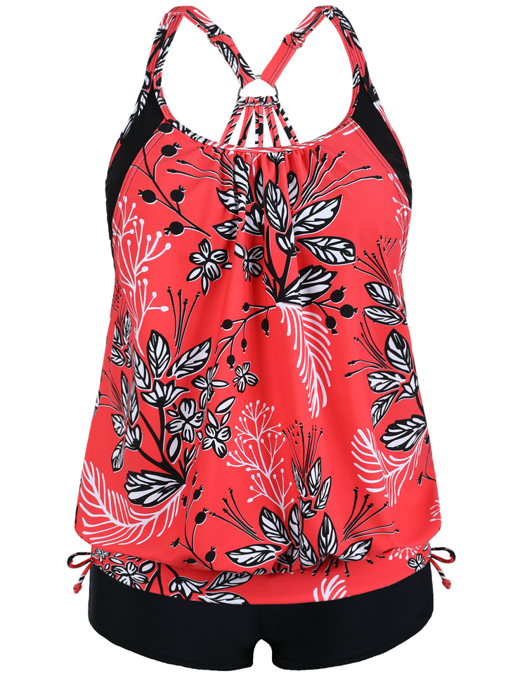 Firpearl Tankini Swimsuits for Women Blouson Swim Tops with Shorts Athletic Two Piece Bathing Suits Double Up Swimwear