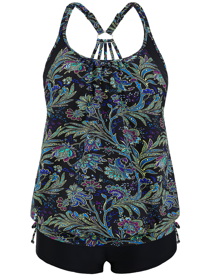 Firpearl Tankini Swimsuits for Women Blouson Swim Tops with Shorts Athletic Two Piece Bathing Suits Double Up Swimwear