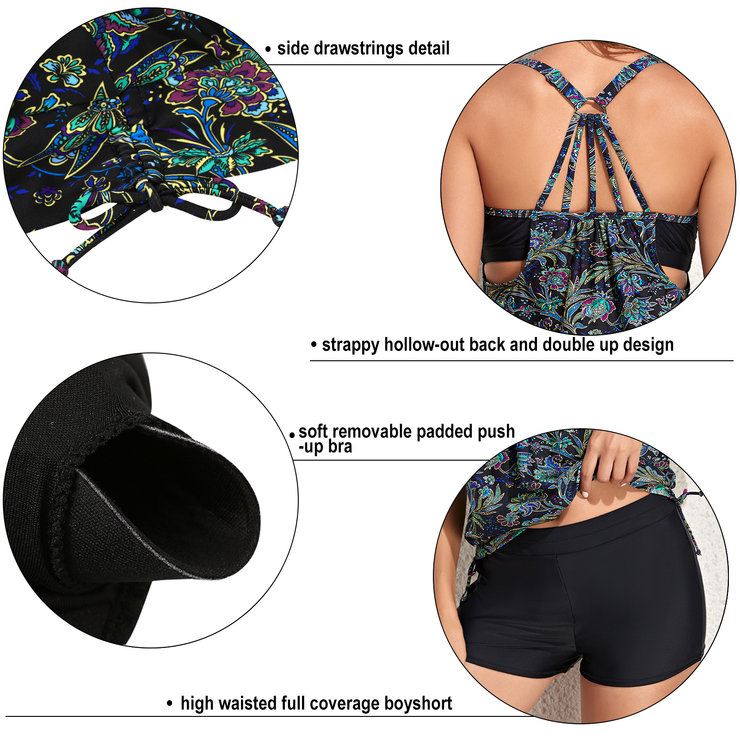Firpearl Tankini Swimsuits for Women Blouson Swim Tops with Shorts Athletic Two Piece Bathing Suits Double Up Swimwear
