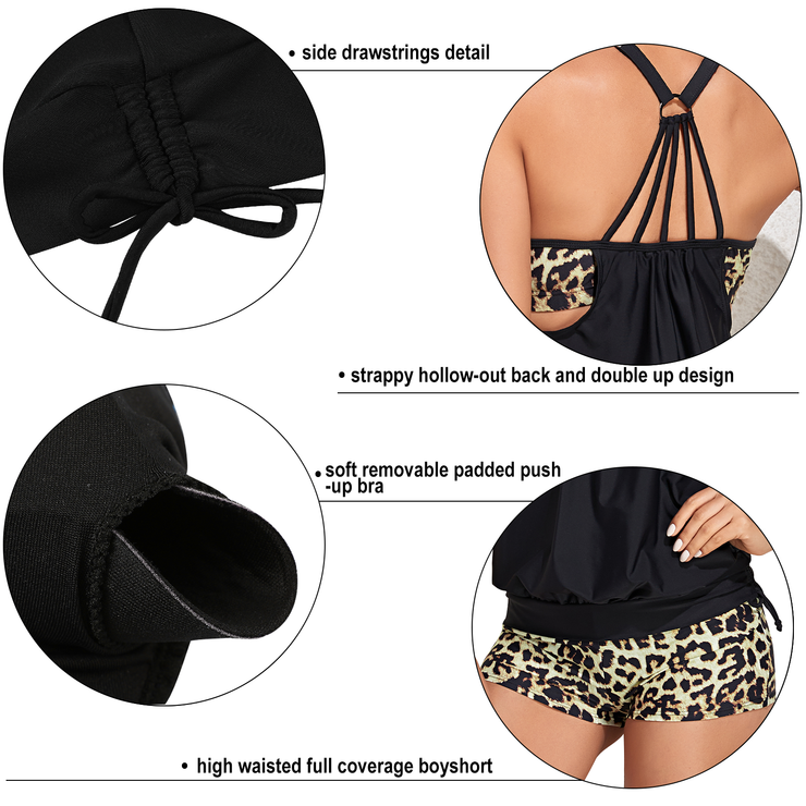 Firpearl Tankini Swimsuits for Women Blouson Swim Tops with Shorts Athletic Two Piece Bathing Suits Double Up Swimwear