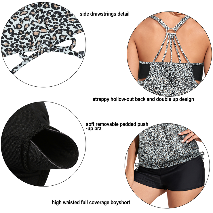 Firpearl Tankini Swimsuits for Women Blouson Swim Tops with Shorts Athletic Two Piece Bathing Suits Double Up Swimwear