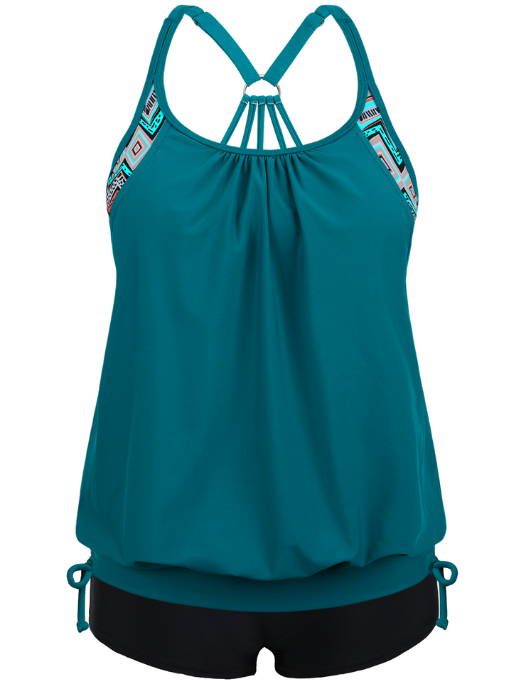 Firpearl Tankini Swimsuits for Women Blouson Swim Tops with Shorts Athletic Two Piece Bathing Suits Double Up Swimwear