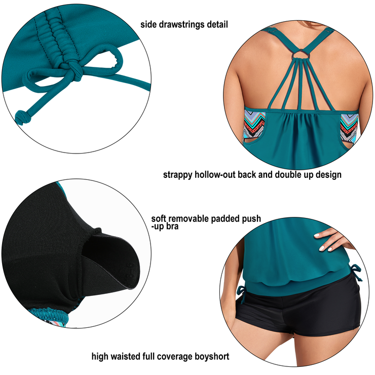 Firpearl Tankini Swimsuits for Women Blouson Swim Tops with Shorts Athletic Two Piece Bathing Suits Double Up Swimwear