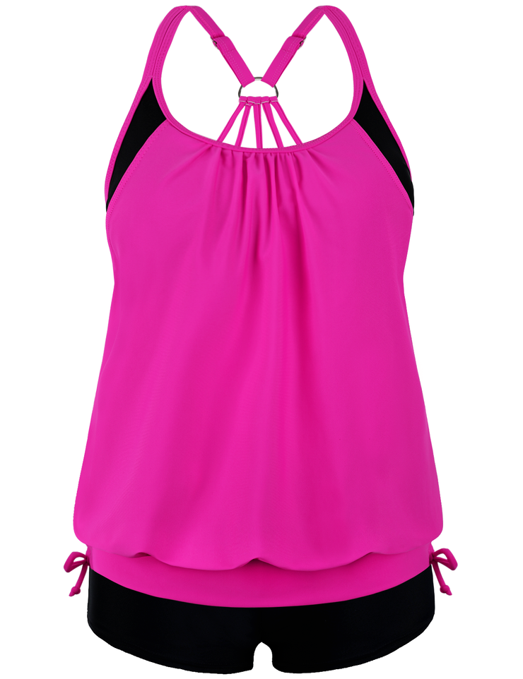 Firpearl Tankini Swimsuits for Women Blouson Swim Tops with Shorts Athletic Two Piece Bathing Suits Double Up Swimwear