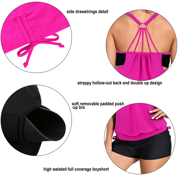 Firpearl Tankini Swimsuits for Women Blouson Swim Tops with Shorts Athletic Two Piece Bathing Suits Double Up Swimwear